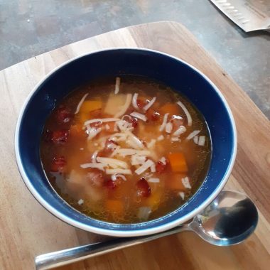 Lunch idea number 1. Bowl of 5 root and bacon soup from the book River Cottage Everyday 