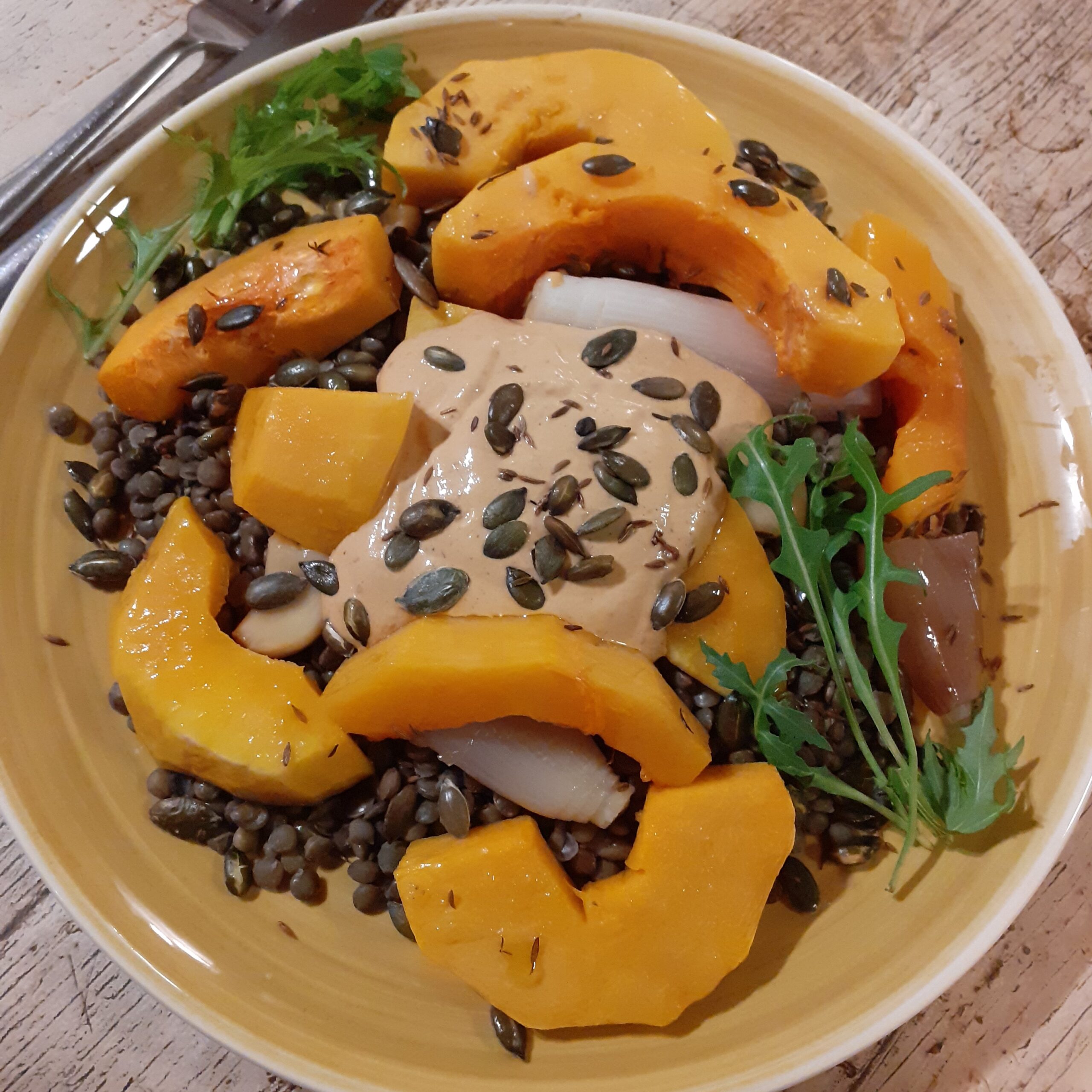 a plate of roasted squash and garlic lentils with chipotle yogurt